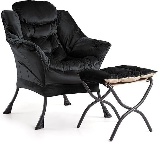 GarveeHome Lazy Chair with Ottoman, Modern Lounge Accent Chair, Leisure Sofa Armchair with Footrest, Reading Armchair with Side Pocket for Living Room, Bedroom, Dorm & Office (Black)