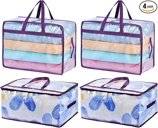 20 Gallon Large Clear Blanket Storage Bags for Bedding with Zipper Handles, 76L Oversized Comforter Storage Bag King Size, Folding Plastic Bedding Storage for Clothes, Bed Sheet, Pillow, Toys, 4Pack