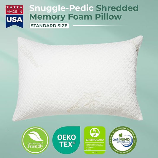 Snuggle-Pedic Standard Shredded Memory Foam Pillow for Sleeping - Cooling and Neck, Back, and Shoulder Support - Ideal for Side Sleepers, Pregnancy, Dorm Rooms, and Travel - USA Quality