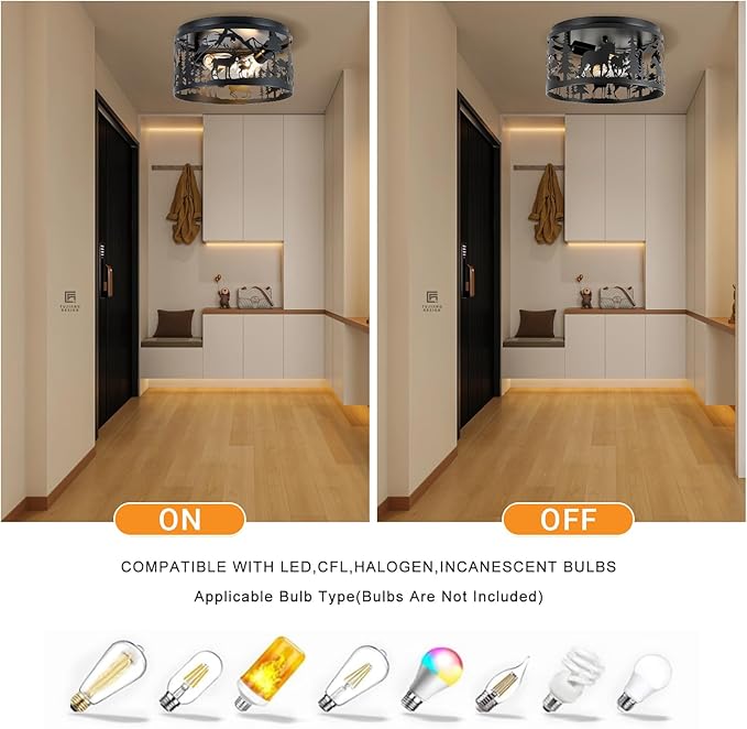 Farmhouse Rustic Ceiling Light Fixtures - Deer & Horse Design, 2-Light E26 Round Metal Fixture for Kitchen, Bedroom, Foyer, Entryway, Lodge (Bulbs Not Included)