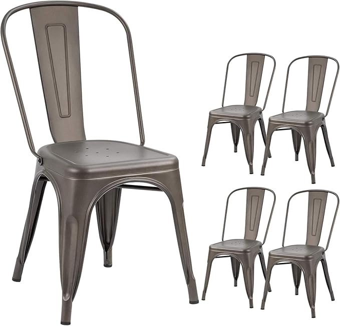 Devoko Metal Indoor-Outdoor Chairs Distressed Style Kitchen Dining Chairs Stackable Side Chair with Back Set of 4 (Gun)