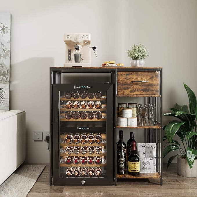 VOWNER Mini Fridge Cabinet with Power Outlet, 3-Tier Industrial Style Kitchen Microwave Stand Baker Rack with Drawer, Utility Storage Shelf for Home Kitchen Dorm Office, Vintage Wood, 35" Lx22 Wx37 H
