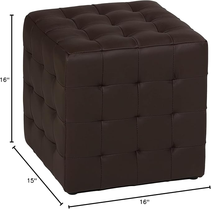 Cortesi Home Charli Tufted Cube Ottoman in 100% Genuine Leather, Brown