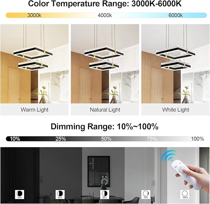 Modern LED Chandelier with Remote Control 2 Ring Dimmable 3 Color Black Gold Adjustable Pendant Light Square Chandelier Dining Light Fixture for Kitchen Bedroom Ceiling Hanging