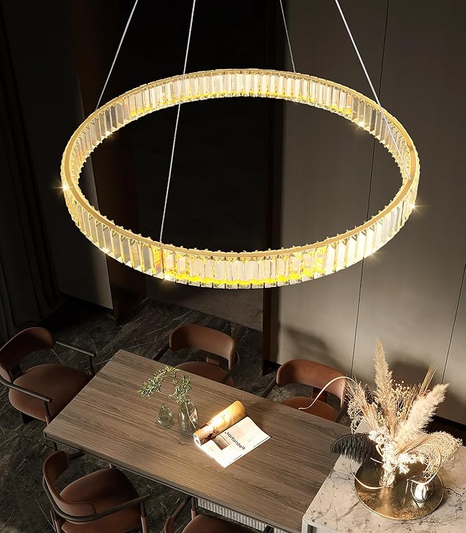 32'' Modern Ring Chandelier Crystal Chandeliers for Dining Room Round LED Dimmable Ceiling Light Fixture for Living Room Bedroom Lighting Gold
