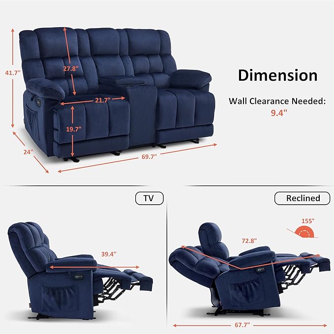 MCombo Zero Gravity Power Loveseat Recliner with Console, Heat and Vibration Massage, Reclining Loveseat Sofa with USB Ports, Cup Holders for Living Room, Fabric RS6234 (Navy Blue)