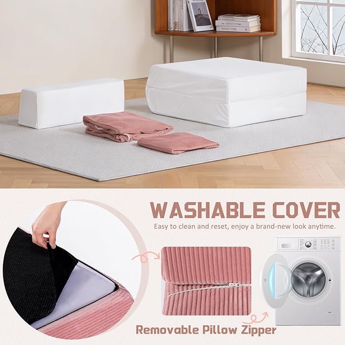 Trenda Folding Sofa Bed, 16lbs Convertible Sleeper Chair with Removable Back Pillow & Handle, Washable Cover Solid Foam Fold Out Chair Bed for Living Room, Apartment, Guest, Single, Pink