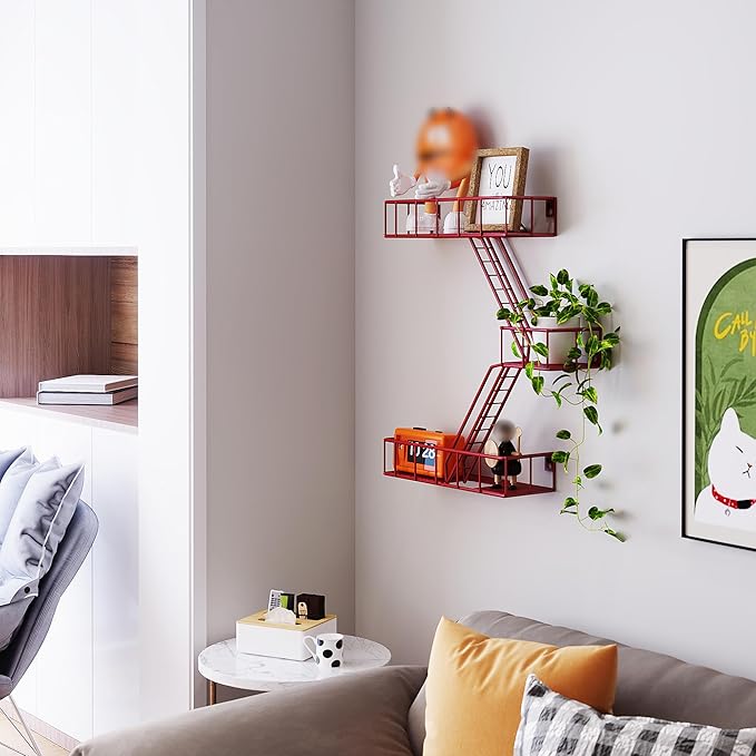 Fire Escape Wall Shelf with Baskets, 3-Tier Metal Fire Escape Ladder Shelf Wall Organizer, New York Inspired Decorative Shelf, Red Floating Action Figurine Display Shelves for Bedroom, Home Décor.