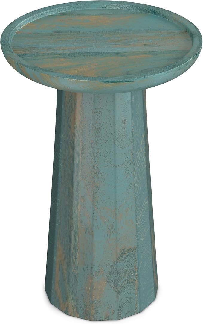 SIMPLIHOME Dayton End Table - 13 inch Wide Solid Mango Wood Round Accent Table in Teal Wash, Handcrafted Contemporary Nightstand or Lamp Stand for Living Room with Textured Finish, Assembled