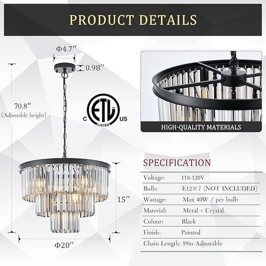 Modern Smoke Gray Crystal Chandeliers, Black 20” Round Chandelier 3 Tiers 7 Lights Luxury K9 Crystal Ceiling Pendant Light Fixture for Dining Room Foyer Bedroom Closet