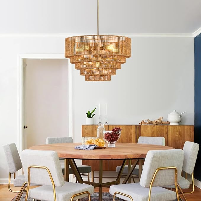25.6" Boho Rattan Chandelier Light Fixture 6-Light Hand-Woven Bamboo Vintage Farmhouse Chandelier Drum Wicker Golden Chandeliers for Dining Room, Living Room, Kitchen Island, Bedroom, Foyer