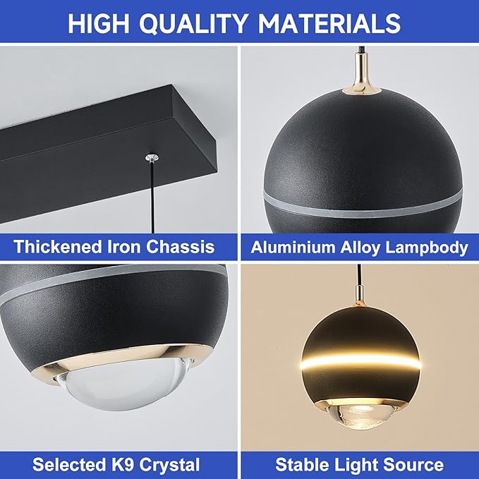 Modern LED Pendant Lights, Dimmable 36in Crystal Globe LED Chandelier Lighting, Black & Gold Dining Room Hanging Light Fixtures Kitchen Island Linear Pendant Light for Dining Table (3500lm)