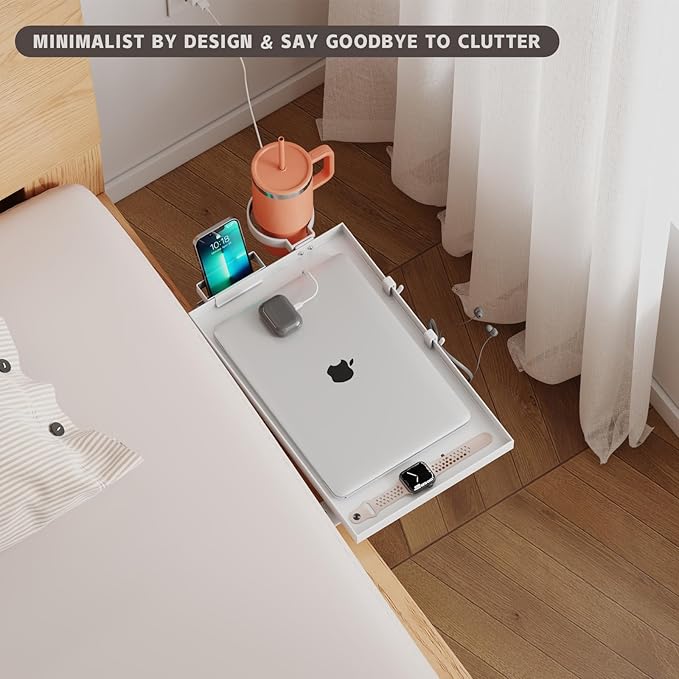 Bedside Shelf Foldable, Metal Clip-On Bed Shelf for Top Bunk Heavy Duty Bed Side Table Tray for College Dorm Essentials, Loft Nightstand Organizer Tray with Removable Cup & Phone Holder(White)