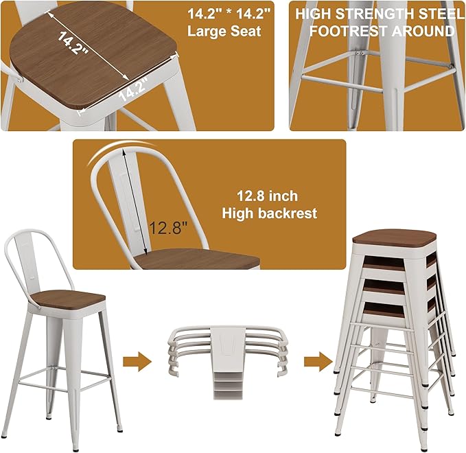 Andeworld Metal Bar Stools Set of 4, 26 inch Counter Height Barstools with Backs Farmhouse Modern High Back Bar Stools with Larger Seat Kitchen Dining Bar Chairs,Off White
