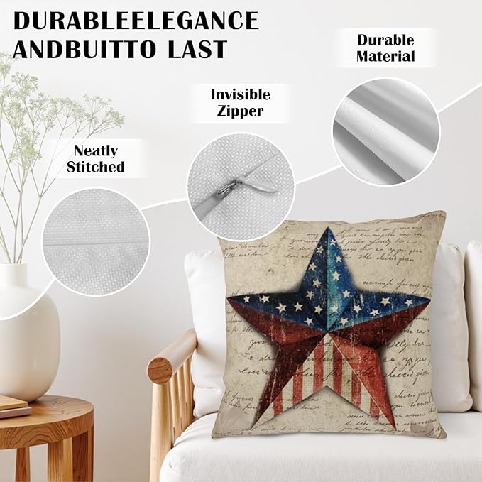 Patriotic Star Outdoor Pillow Covers 16x16 Set of 2 4th of July Vintage American USA Flag Throw Pillows Independence Memorial Day Throw Pillow Cases for Couch Sofa Bedroom Living Room Decor