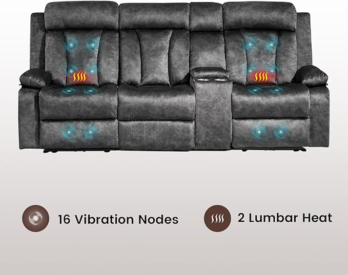 Electric Power Reclining Sofa, 3-Seater Sofa with Flip-Top Console, Massage & Heat, Recliner Couch with Storage, USB Ports, and Cup Holders - Perfect for Living Room Comfort (Gray)