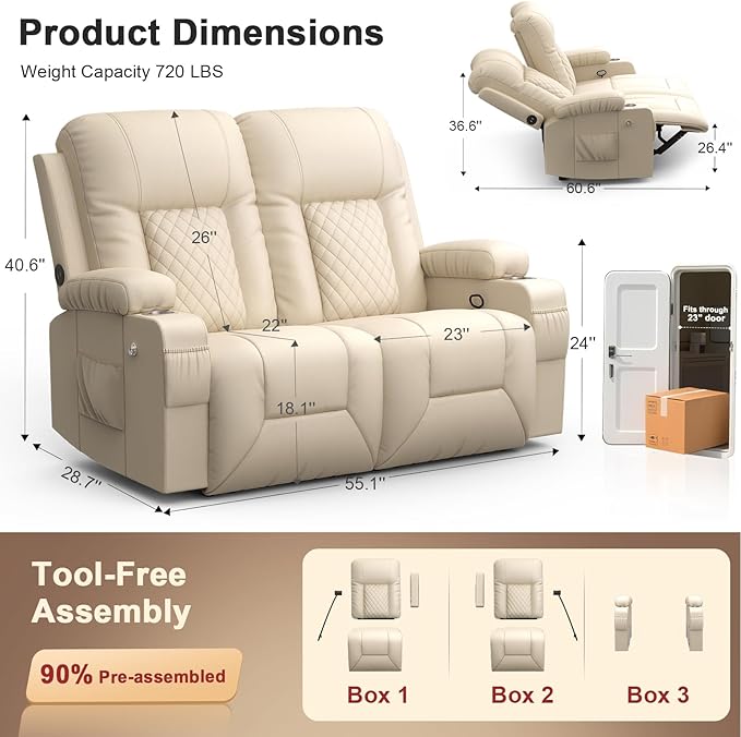 FURNIMAT 2026 Fabric Loveseat Recliner Sofa, 2 Seater Reclining Loveseat Sofa, RV Loveseat Couch, Modern Recliner Chair for Living Room, with Cup Holder and 2 Cell Phone Holders, USB Ports, Beige