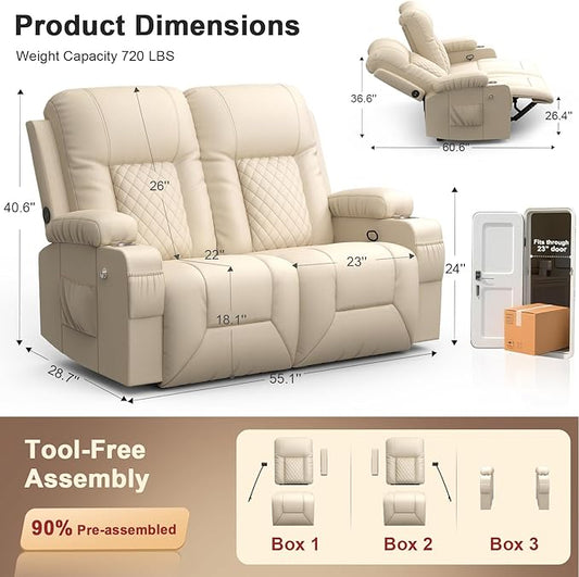 FURNIMAT 2026 Fabric Loveseat Recliner Sofa, 2 Seater Reclining Loveseat Sofa, RV Loveseat Couch, Modern Recliner Chair for Living Room, with Cup Holder and 2 Cell Phone Holders, USB Ports, Beige