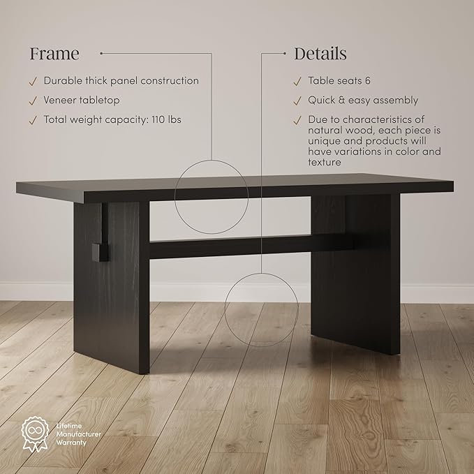 Nathan James Briggs Modern Dining Table for 6, Small Rectangle, 6-Person Black, Solid Wood in Black Oak