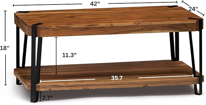 Ryegate 42-Inch Coffee Table – Solid Acacia Wood Live Edge Top with Lower Shelf and Metal Frame Base – Rustic Industrial Modern Living Room Center Table by Alaterre Furniture (Natural)