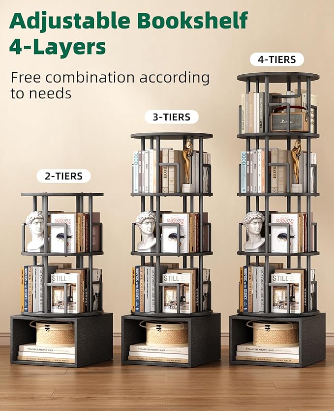 5 Tier Rotating Bookshelf with Extra Storage Cabinet, 360°Spinning Corner Bookshelf, Floor Standing Bookcase for Kids & Adult, Narrow Book Shelf for Bedroom Living Room, Pure Black