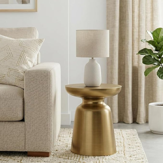SIMPLIHOME Toby Metal Table - 17" Wide x 18" High Solid Iron Drum Accent Table in Gold, Industrial Side or End Table for Living Room, Bedroom or Entryway with Sculptural Design, Assembled