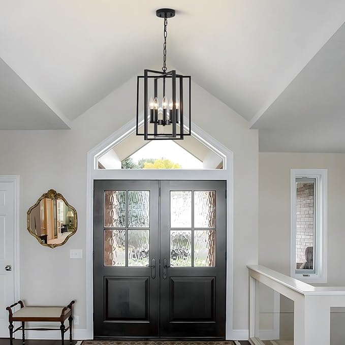 Black Modern Farmhouse Chandelier for Dining Room, 5-Light Pendant Lights Fixtures for Kitchen Island, Foyer Lighting Fixtures High Ceiling for Entryway Hallway Living Room Bedroom