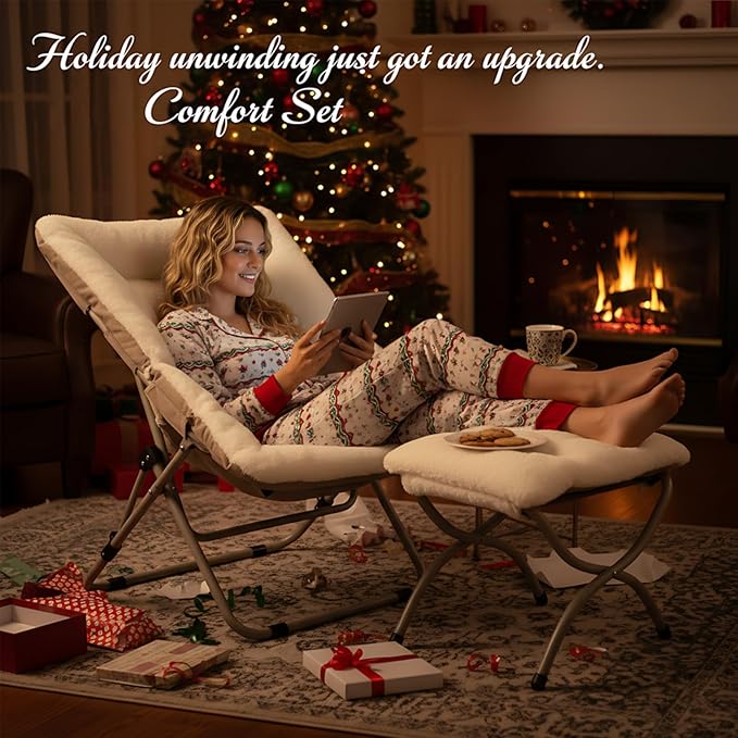 Comfy Folded Chair with Ottoman, Oversized Folding Faux Fur Chair Soft Furry Lazy Chair with Metal Frame Moon Chair Accent Chair for Bedroom, Living Room, Dorm Rooms
