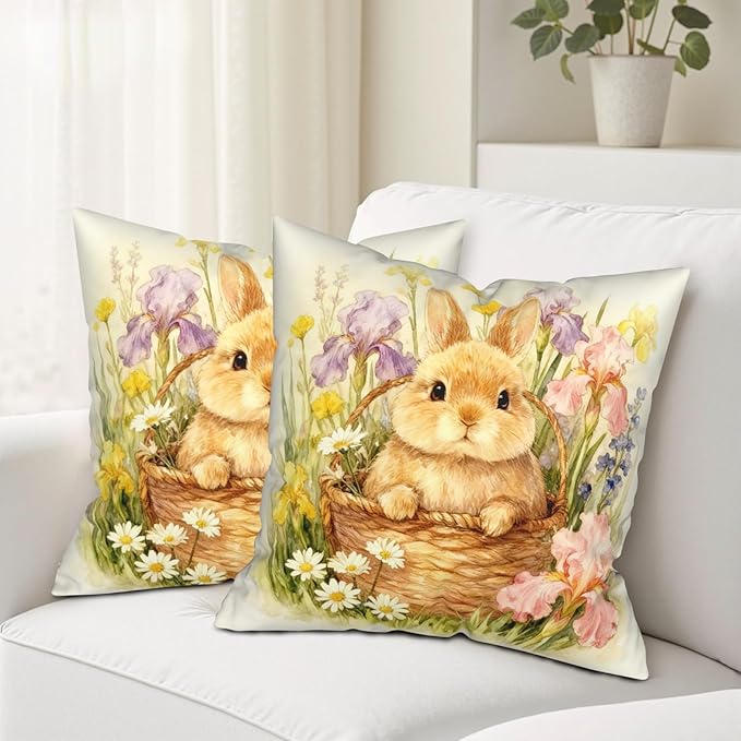 Easter Bunny Throw Pillow Covers Spring Rabbit Flowers Pillow Cases Happy Easter Pillow Covers 16x16 Pack of 2 Watercolor Iris Daisy Floral Cushion Cases for Home Outdoor