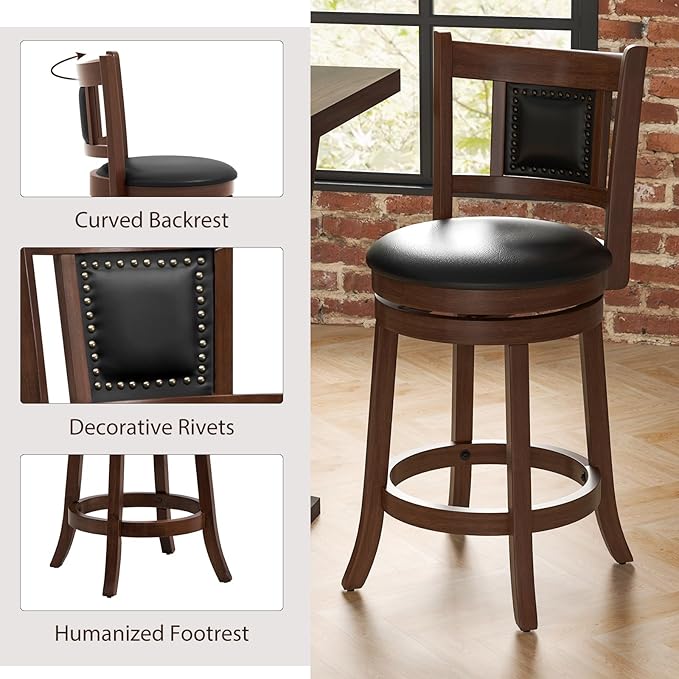GOFLAME 25.5” Upholstered Bar Stools Set of 4, Swivel Counter Height Barstools with Curved Backrest & Footrest, Solid Rubber Wood Bar Stools for Kitchen Island, Bar Counter, Cafe, Dining Room