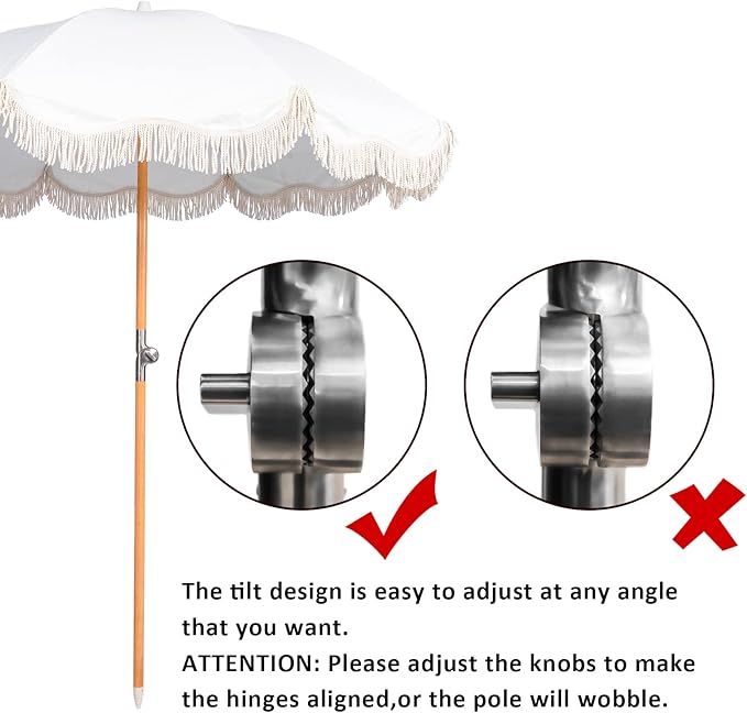 6.5ft Boho Beach Umbrella with Fringe, UPF 50+ Tassel Umbrellas with Carry Bag, Premium Wood Pole Foldable Patio Umbrella for Outdoor Holiday Garden Lawn Pool Yard Table