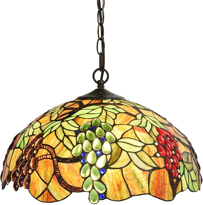 Bieye L10762 Grape Tiffany Style Stained Glass Ceiling Pendant Light with 18 inches Wide Shade, 3-Light, Hard-Wired