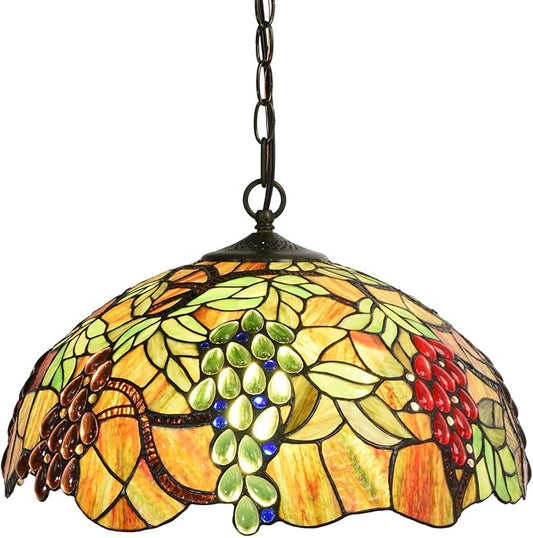 Bieye L10762 Grape Tiffany Style Stained Glass Ceiling Pendant Light with 18 inches Wide Shade, 3-Light, Hard-Wired