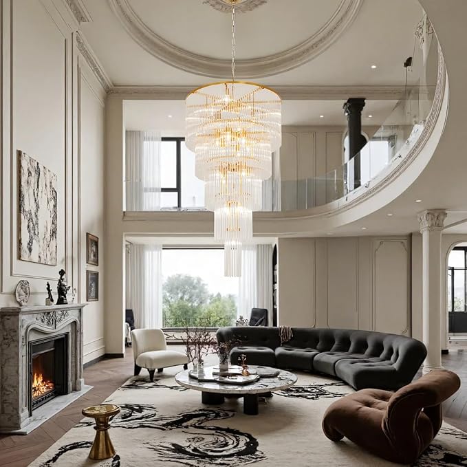 25 Light Staircase Crystal Chandeliers H49 W27.5 Modern Contemporary Elegant 5-Tier K9 Crystal Glass Chandelier Pendant Ceiling Lighting Fixture for Entryway