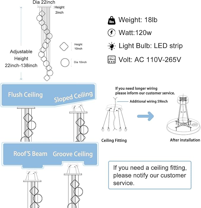 22" Dia x 138" H Modern 15-Light LED Spiral Chandelier, Acrylic Pendant Lighting Fixture for High Ceilings, Staircase, Foyer, Living Room, Warm Light, Adjustable Height, Gold Finish
