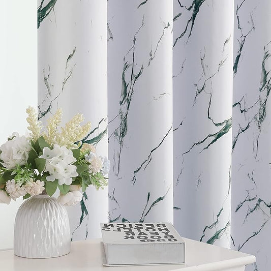 H.VERSAILTEX 100% Blackout Curtains 96 inch Length 2 Panels Set Marble Designs Printed Drapes Thermal Curtains for Bedroom with Black Liner Sound Proof Curtains, Antique Green