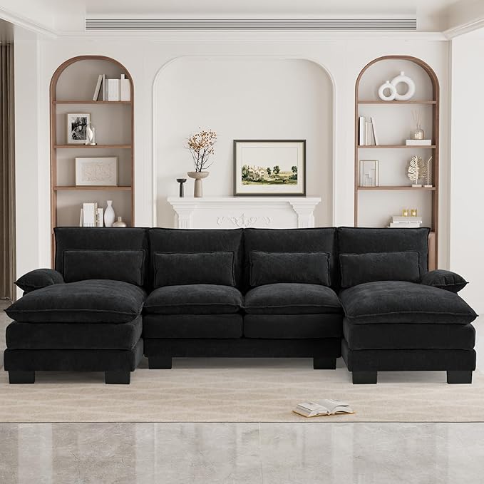 ONEMMLION U Shape Cloud Couch Sectional Sofa for Living Room, 110" Modern Chenille Comfy Cloud Sofa, 4 Seat Upholstered Modular Sofa with Memory Foam & Double Chaise, Jet Black