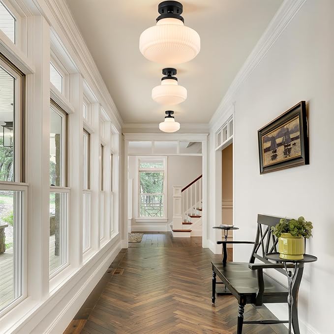 Milk Glass Ceiling Light Fixture 11" Schoolhouse Lights Fixtures Modern Black Semi Flush Mount Ceiling Light for Hallway Bedroom Bathroom Kitchen Foyer