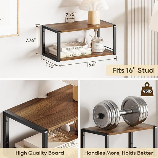 Floating Nightstand Set of 2, Wood Bedside Shelf Wall Mounted Nightstand with Heavy-Duty Frame, Floating Bedside Table for Bedroom, Bathroom, Kitchen, (Vintage Brown, 2 Pack)