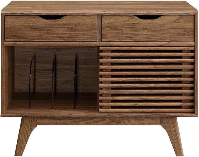 Modway Render Mid-Century Modern Vinyl Record Storage Display Cabinet, 37 Inch, Walnut