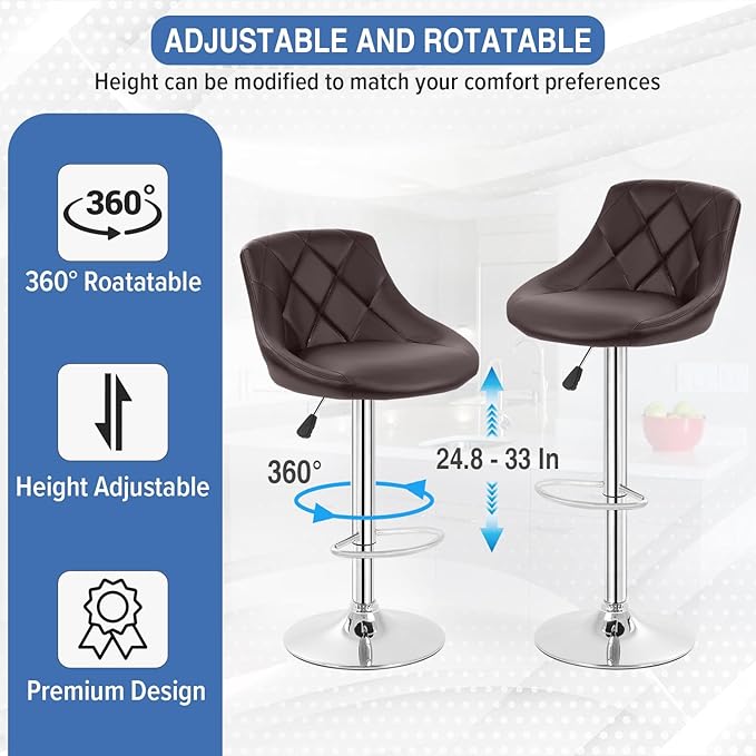FDW Bar Stools Set of 2 Bar Stools Swivel Stool Height Adjustable Bar Chairs with Back PU Leather Swivel Bar Stool Kitchen Counter Stools Dining Chairs