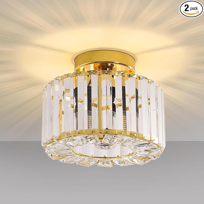 FRIDEKO HOME Crystal Ceiling Light - Gold Small Chandelier Semi Flush Mount Ceiling Light Fixture Modern Lights for Hallway Bathroom Kitchen Entryway (9.05 Inch, Bulb not Included)