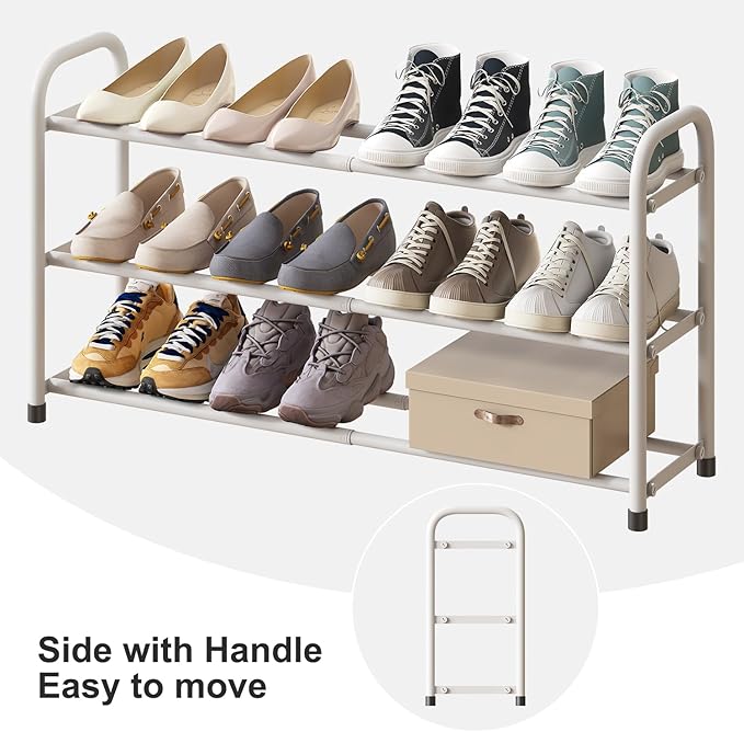 White Shoe Rack for Closet, 3-Tier Expandable Shoe Organizer for Closet, Metal Adjustable Black Shoe Shelf Storage Organizer, Free Standing Shoe Rack for Entryway Doorway