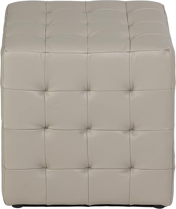 Cortesi Home Charli Tufted Cube Ottoman in 100% Genuine Leather, Light Grey