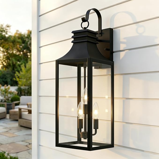28" Large Outdoor Wall Lights 2 Pack, 3-Light Black Exterior Sconces with Clear Glass, Extra Tall Waterproof Porch Lanterns, Aluminum Alloy Fixtures for Front Door Garage, E12 Socket