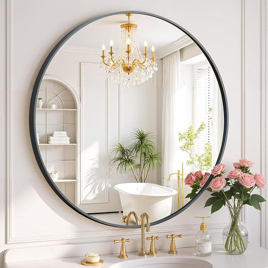 Simple Deluxe 28 Inch Round Bathroom Mirror, Black Vanity Mirror with Metal Frame, Modern Circle for Bathroom, Entryway, Bedroom, Living Room, Wall Mounted Decorative Mirrors (Black)