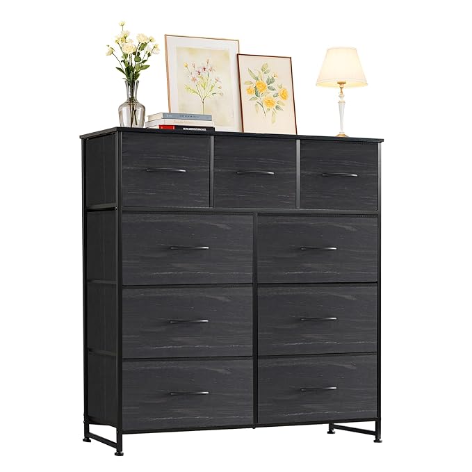 Dresser with 9 Drawers for Bedroom, Fabric Clothes Cabinet for Closet, Anti-Tip Storage Dresser with Metal Frame for Living Room, Entryway, Dorm, Charcoal Black