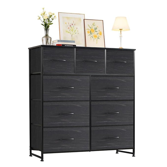 Dresser with 9 Drawers for Bedroom, Fabric Clothes Cabinet for Closet, Anti-Tip Storage Dresser with Metal Frame for Living Room, Entryway, Dorm, Charcoal Black