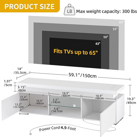 DWVO White Modern TV Stand with LED Lights and Power Outlet, Modern Entertainment Center for 55/60/65 Inch, Media Console Table TV Cabinet with Storage, Universal TV Stand for Living Room,White