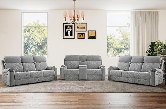 HAOMARKETS 3-Piece Power Recliner Sofa Set with Charging Port, Include 2-Seater Loveseat Reclining Couch with Hidden Storage and Cup Holders and 2 3-Seater Recliner Couches for Living Room, Light Grey